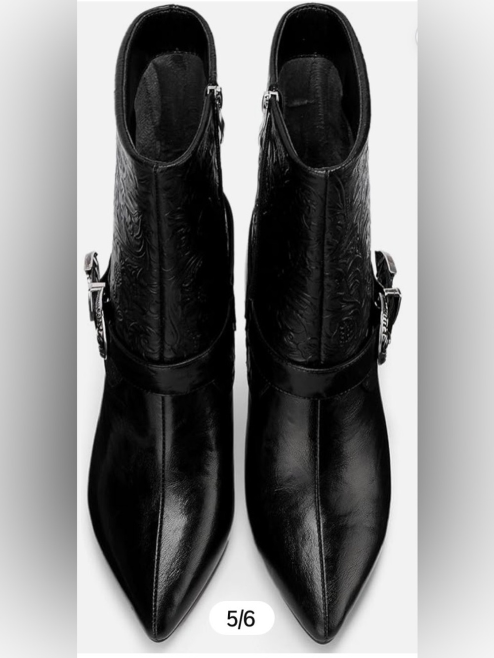 Black Embossed Pointed-Toe Heeled Ankle Boots with Silver Buckle